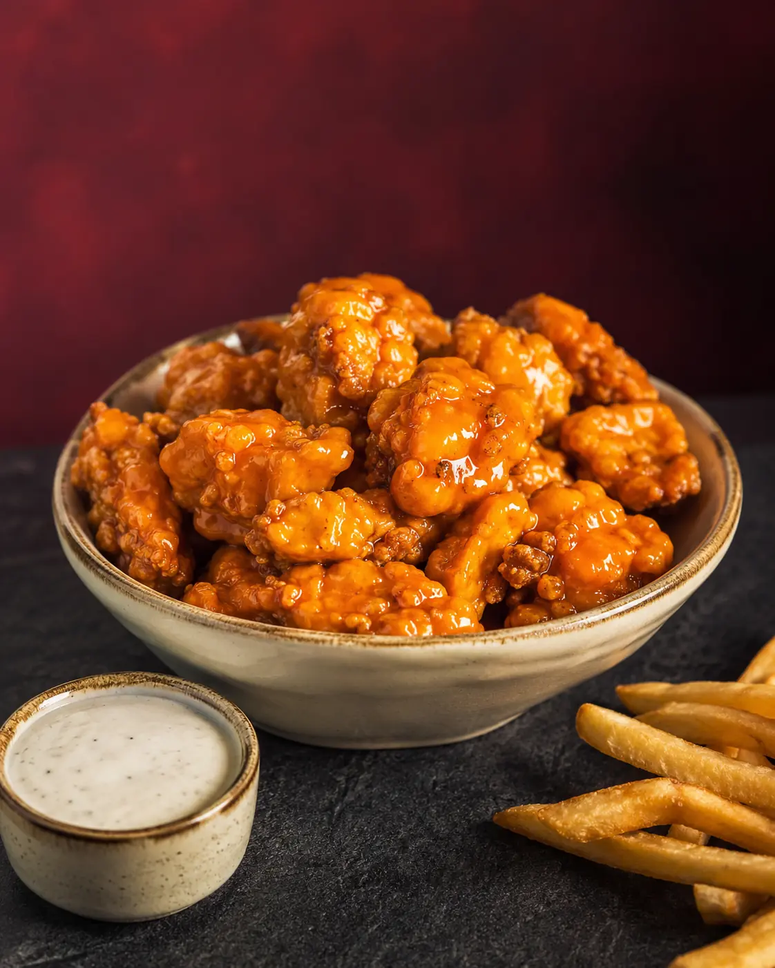 Boneless bañados en salsa con papas y aderezo