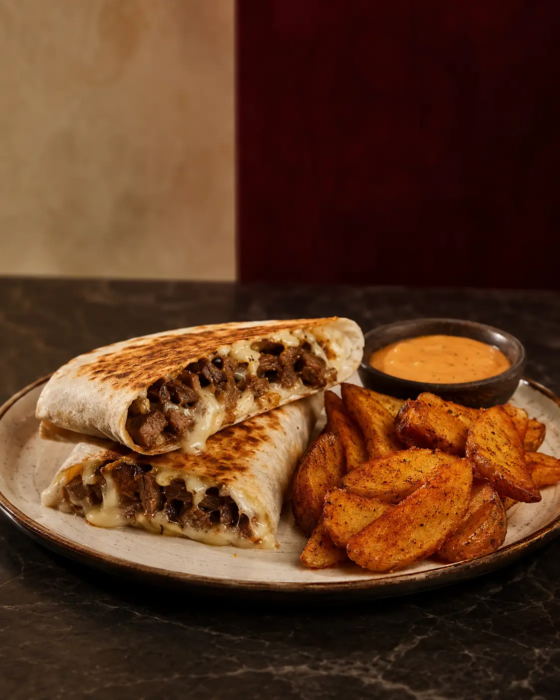 Gringa de bistec con queso y papas gajo